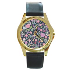 Floral Pattern Round Gold Metal Watch by Valentinaart