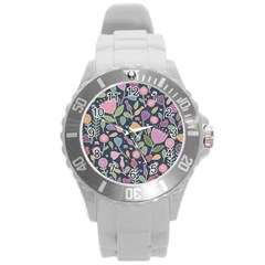 Floral Pattern Round Plastic Sport Watch (l)