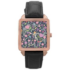 Floral Pattern Rose Gold Leather Watch 