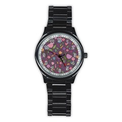 Floral Pattern Stainless Steel Round Watch