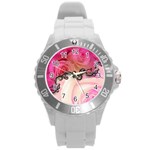 Decorative Elegant Roses Round Plastic Sport Watch (L) Front