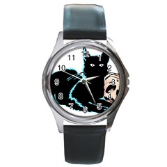 Black Cat & Halloween Skull Round Metal Watch by gothicandhalloweenstore