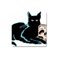 Black Cat & Halloween Skull Square Magnet by gothicandhalloweenstore