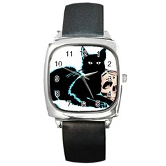 Black Cat & Halloween Skull Square Metal Watch by gothicandhalloweenstore