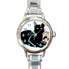 Black Cat & Halloween Skull Round Italian Charm Watch by gothicandhalloweenstore