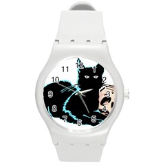 Black Cat & Halloween Skull Round Plastic Sport Watch (m) by gothicandhalloweenstore