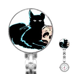 Black Cat & Halloween Skull Stainless Steel Nurses Watch by gothicandhalloweenstore