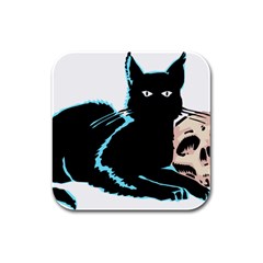 Black Cat & Halloween Skull Rubber Square Coaster (4 Pack)  by gothicandhalloweenstore