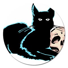 Black Cat & Halloween Skull Magnet 5  (round) by gothicandhalloweenstore