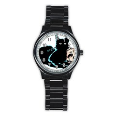 Black Cat & Halloween Skull Stainless Steel Round Watch by gothicandhalloweenstore