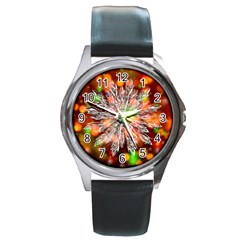 Ice Crystal Crystal Snowflake Bokeh Round Metal Watch by Wegoenart