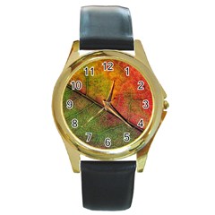 Fall Foliage Color Leaf Veins Round Gold Metal Watch by Wegoenart