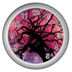 Trees Silhouette Sky Clouds Sunset Wall Clock (silver) by Wegoenart