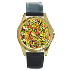 Background Pattern Structure Fruit Round Gold Metal Watch by Wegoenart