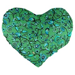 Green Flowers Large 19  Premium Heart Shape Cushions by ZeeBee