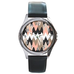 Pattern Abstrait Vagues Rose/noir/taupe Round Metal Watch by kcreatif