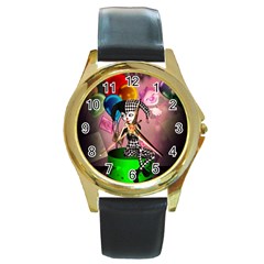 Cute Little Harlequin Round Gold Metal Watch by FantasyWorld7