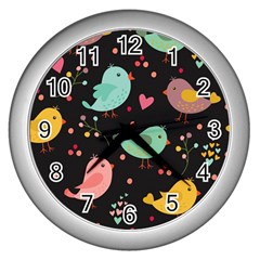 Birds Cute Pattern Background Wall Clock (silver) by Vaneshart