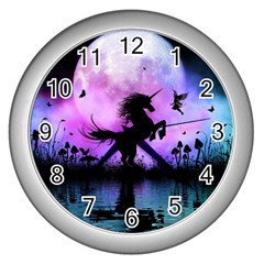 Wonderful Unicorn With Fairy In The Night Wall Clock (silver) by FantasyWorld7