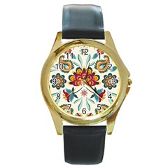 Baatik Print  Round Gold Metal Watch