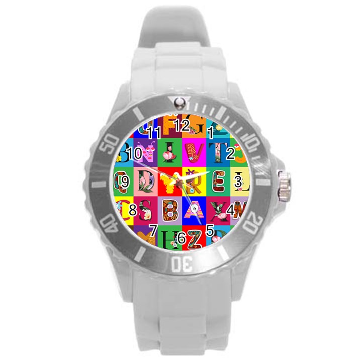 Alphabet Pattern Round Plastic Sport Watch (L)