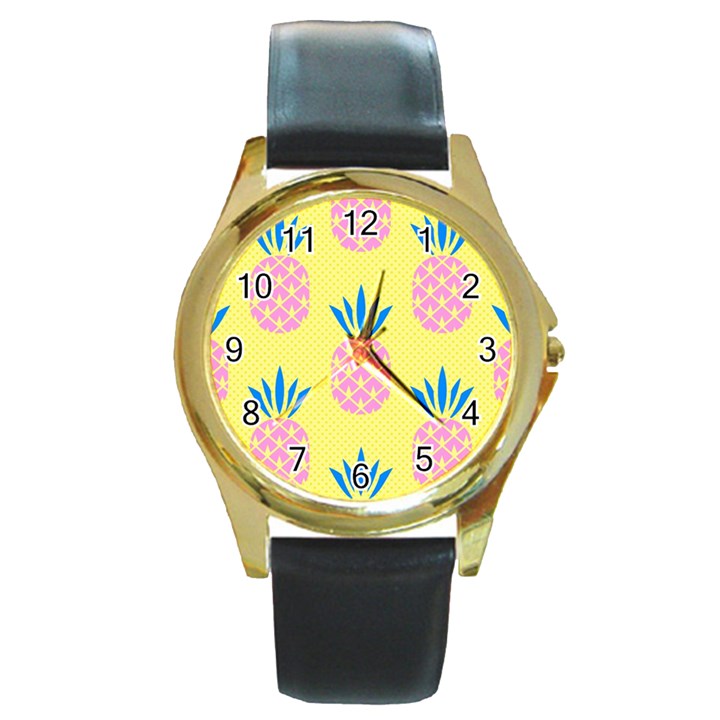 Summer Pineapple Seamless Pattern Round Gold Metal Watch