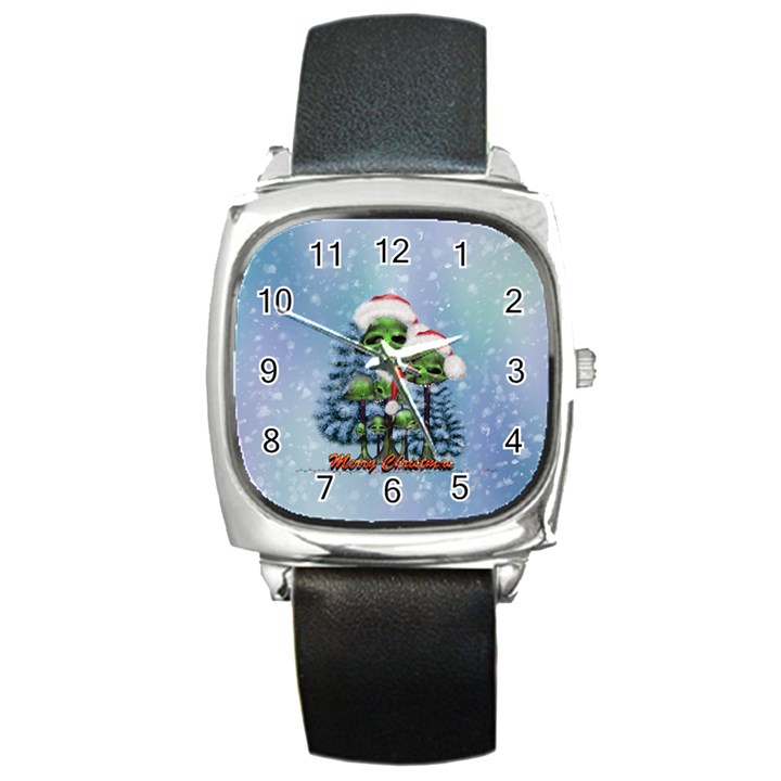 Merry Christmas, Funny Mushroom With Christmas Hat Square Metal Watch