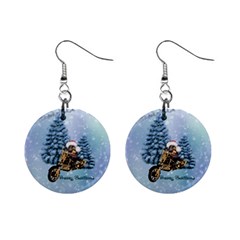 Merry Christmas, Funny Mouse On A Motorcycle With Christmas Hat Mini Button Earrings by FantasyWorld7