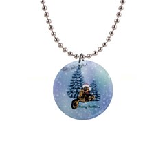 Merry Christmas, Funny Mouse On A Motorcycle With Christmas Hat 1  Button Necklace by FantasyWorld7