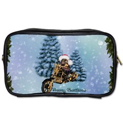 Merry Christmas, Funny Mouse On A Motorcycle With Christmas Hat Toiletries Bag (two Sides) by FantasyWorld7