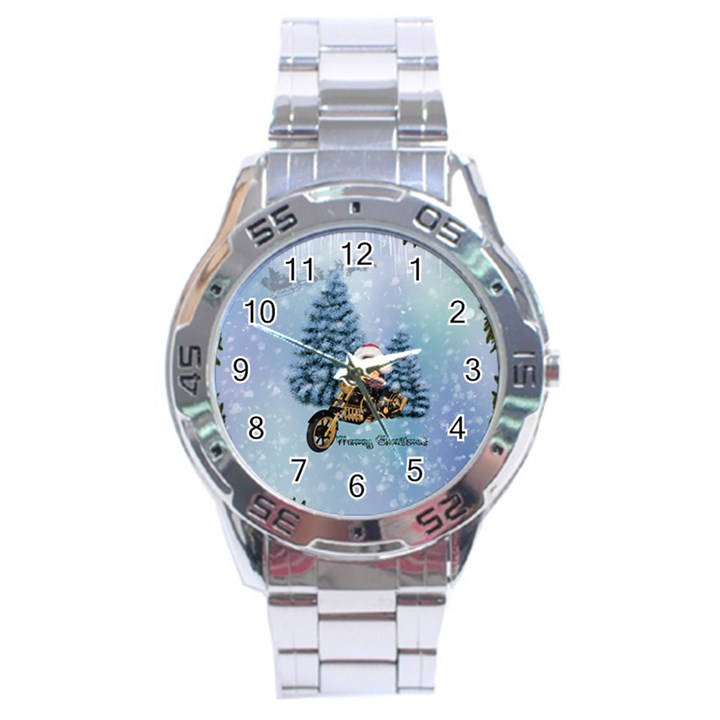 Merry Christmas, Funny Mouse On A Motorcycle With Christmas Hat Stainless Steel Analogue Watch