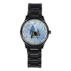 Merry Christmas, Funny Mouse On A Motorcycle With Christmas Hat Stainless Steel Round Watch by FantasyWorld7