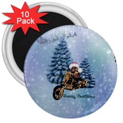 Merry Christmas, Funny Mouse On A Motorcycle With Christmas Hat 3  Magnets (10 Pack)  by FantasyWorld7