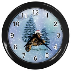 Merry Christmas, Funny Mouse On A Motorcycle With Christmas Hat Wall Clock (black) by FantasyWorld7