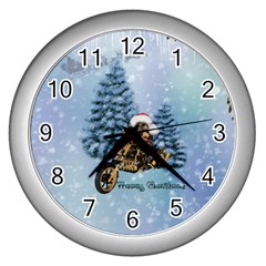 Merry Christmas, Funny Mouse On A Motorcycle With Christmas Hat Wall Clock (silver) by FantasyWorld7