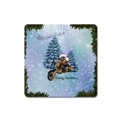 Merry Christmas, Funny Mouse On A Motorcycle With Christmas Hat Square Magnet by FantasyWorld7