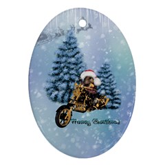 Merry Christmas, Funny Mouse On A Motorcycle With Christmas Hat Oval Ornament (two Sides) by FantasyWorld7