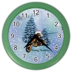 Merry Christmas, Funny Mouse On A Motorcycle With Christmas Hat Color Wall Clock by FantasyWorld7