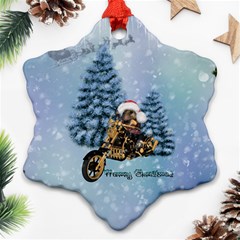 Merry Christmas, Funny Mouse On A Motorcycle With Christmas Hat Snowflake Ornament (two Sides) by FantasyWorld7