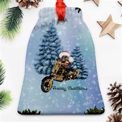 Merry Christmas, Funny Mouse On A Motorcycle With Christmas Hat Bell Ornament (two Sides) by FantasyWorld7