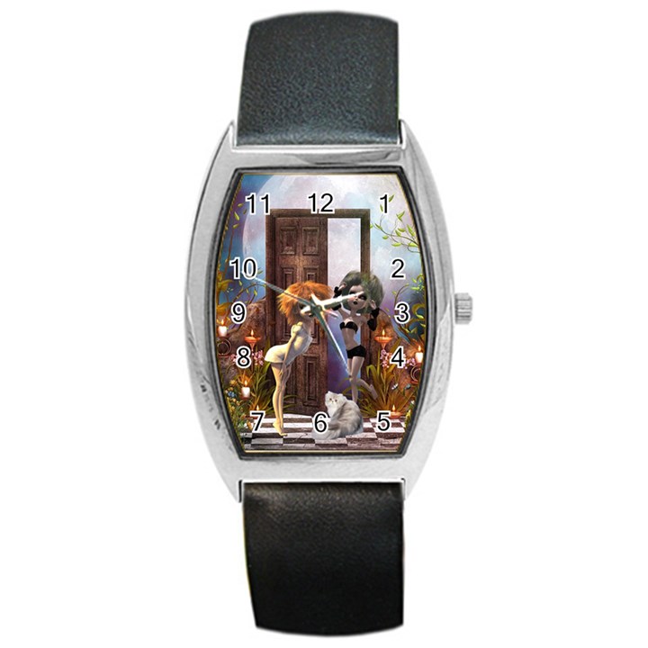 Cute Dark Fairys With Cat Barrel Style Metal Watch