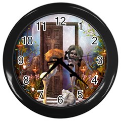 Cute Dark Fairys With Cat Wall Clock (black) by FantasyWorld7