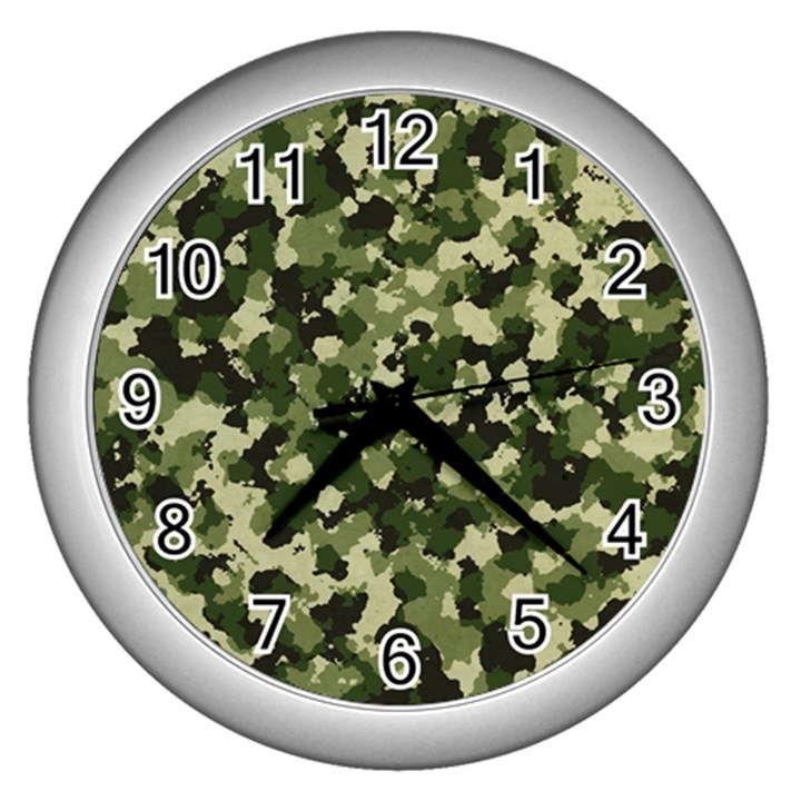 Dark Green Camouflage Army Wall Clock (Silver)