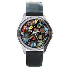 Music Pattern Round Metal Watch by Sapixe