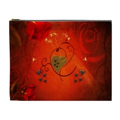 Golden Heart On Vintage Background Cosmetic Bag (xl) by FantasyWorld7