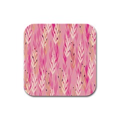 Pink Leaf Pattern Rubber Square Coaster (4 Pack)  by designsbymallika