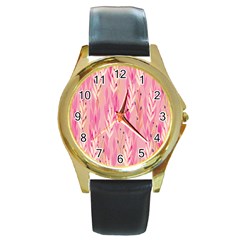 Pink Leaf Pattern Round Gold Metal Watch by designsbymallika