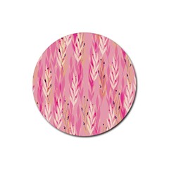 Pink Leaf Pattern Rubber Coaster (round)  by designsbymallika