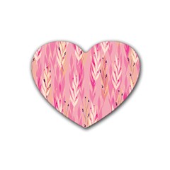 Pink Leaf Pattern Rubber Coaster (heart)  by designsbymallika