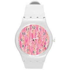 Pink Leaf Pattern Round Plastic Sport Watch (m)